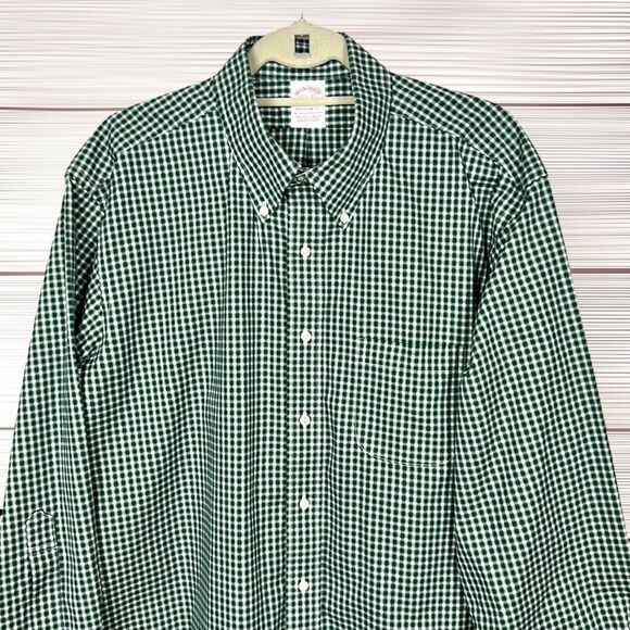 Brooks Brothers Button Down Shirt Madison Fit Cotton Green Gingham Plaid 17,5-33 - Picture 5 of 13